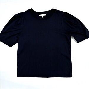 FRAME Puff Short Sleeves Draped Femme Organic Cotton Shirt Top in Navy Large